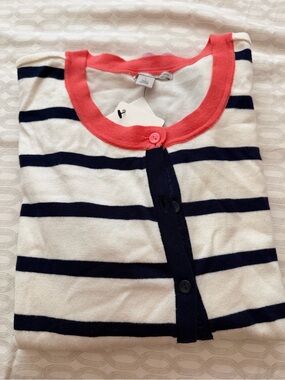 Halogen Colorblock Cardigan with Coral Trim and Navy Stripes